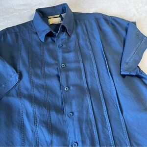 Cubavera Linen Blend Men M Navy Blue Panel Stitch Shirt Button Down Short Sleeve